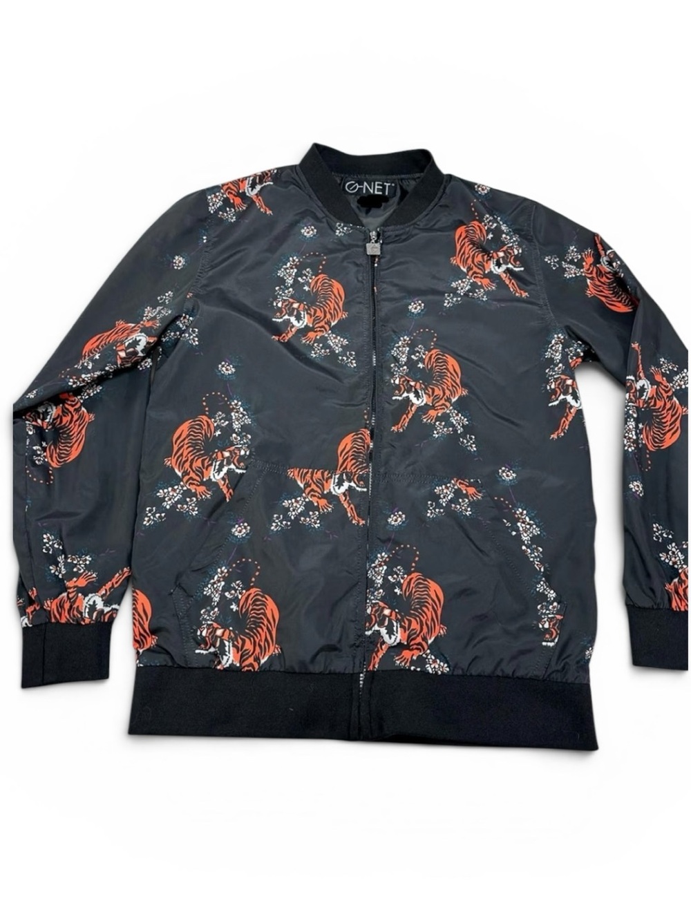 G-Net Black & Orange Tiger Floral Print Bomber Jacket Unisex Large - Extra Large